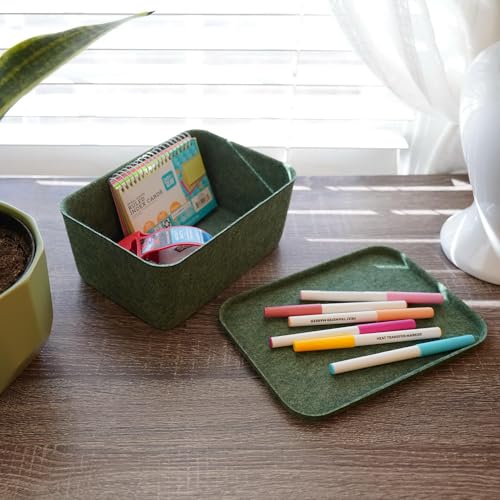 Image of Welaxy Felt deep Storage Bins lidded Drawer Organizer Caddy for junk stuff stationery makeup jewelry closet bathroom minimalist lifestyle (Forest Green Bin, S)