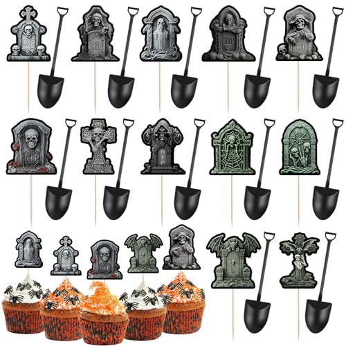 DIYASY 48 piezas de decoración para cupcakes de Halloween, lápidas para decoración de tartas con novedosas mini cucharas de pala, decoración de cupcakes para cementerio, suministros de fiesta de
