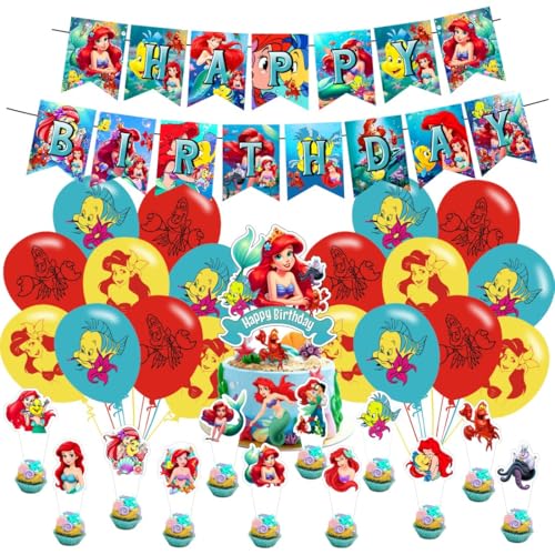 Princess Mermaid Birthday Decorations Include Happy Birthday Banner Cake Topper and Cupcake Toppers Balloons for Girls Party Supplies