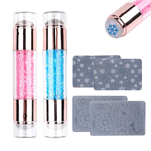 SALOCY Double Heads Nail Art Stamper, 2 Silicone Stamping Jelly with 4 Random Scraper, Transparent Visible Body, Clear and White Jelly Stamper Head,No Misplacement for DIY Nail Stamps