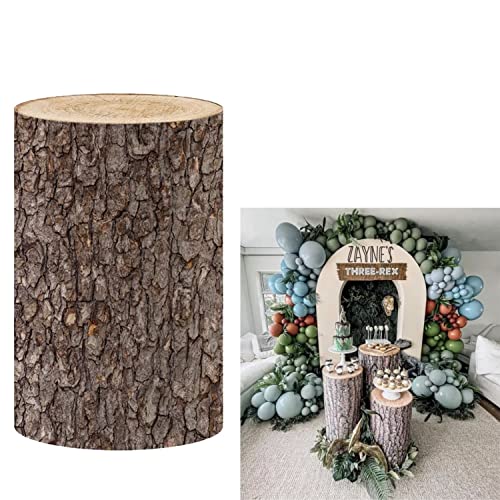 HISDH Vintage Wooden Pedestal Covers for Birthday Party Decoration Wood Grainy Texture Plinth Cover Printed Fabric Cylinder Cover Wedding Bridal Shower Baby Shower Baptism Communion Props Dia36 H75