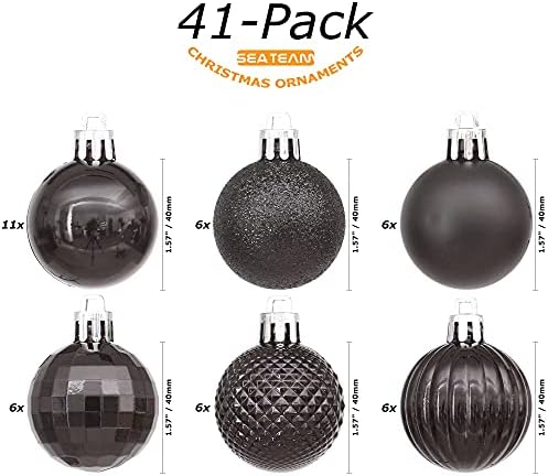 Sea Team 41-Pack Christmas Ball Ornaments with Strings, 40mm/1.57" Small Size Baubles, Shatterproof Plastic Christmas Bulbs, Hanging Decorations for Xmas Tree, Holiday, Wedding, Party, Black