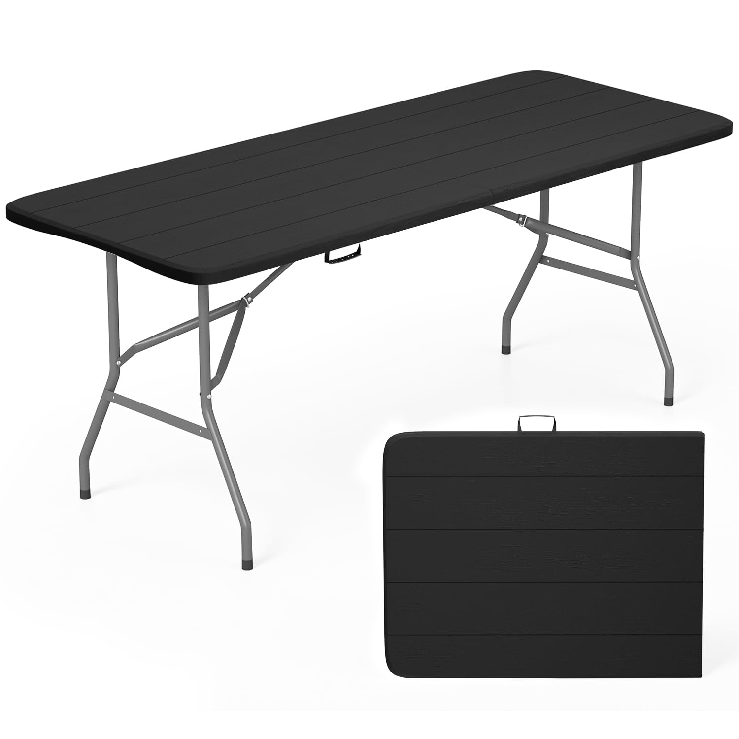 FDW | 6FT Folding Table | Black Wood Grain | Portable Plastic Table