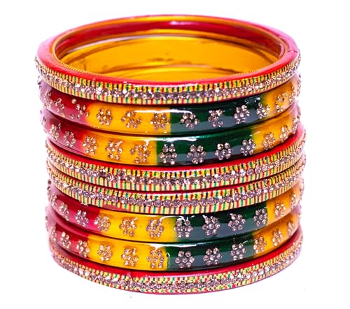 Image of Swara Creations Lah /Lac bangles red color Set, LAHTHI Churi Kundan work for Women and Girls(8 pcs)