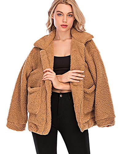 Comeon Women's Lapel Fuzzy Fleece Coats Faux Shearling Zipper Warm Winter Oversized Jacket Outwear with Pockets (Camel,XL)