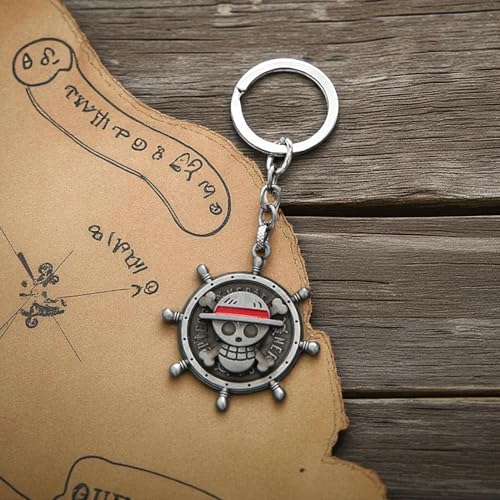 Image of One Piece Anima Manga Pirate Flag Logo Wheel Rotating Heavy Metal Keychain,|Anime Key ring| Perfect Keychain For Anime Lover|car Bikes Gold & Grey Combo pack