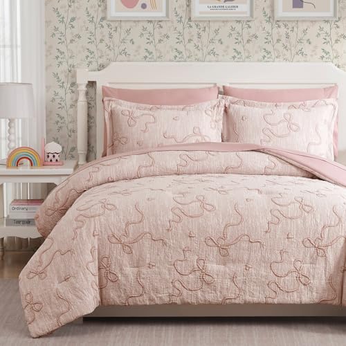 Geniospin Pink Twin Comforter Set for Girls- 5 Pieces Bowknot Jacquard Bed in A Bag Twin Bedding Sets with Sheets Pillowcases & Shams All Season Kids Comforter Set