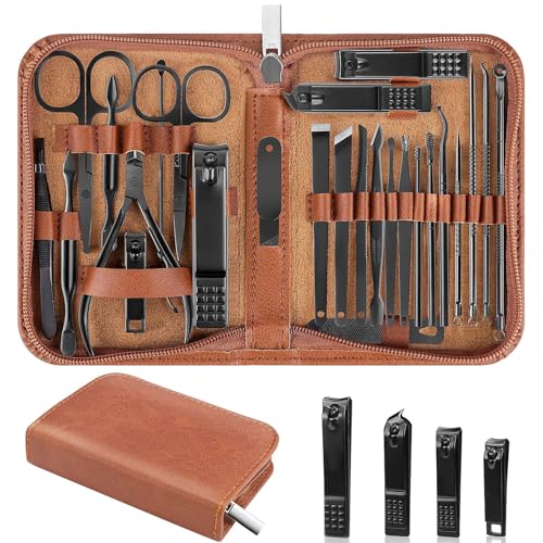 Nail Clippers Set 26 Piece Manicure Set & Pedicure Kit Stainless Steel Fingernail & Toenail Clipper Cutters Professional Nail Care Tools with Luxurious Travel Case for Men and Women Brown