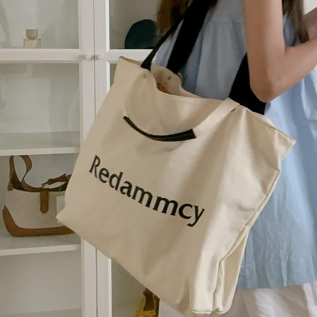 Canvas Handbag with Large Comparment Minimalists Letters Student Shoulder Bag