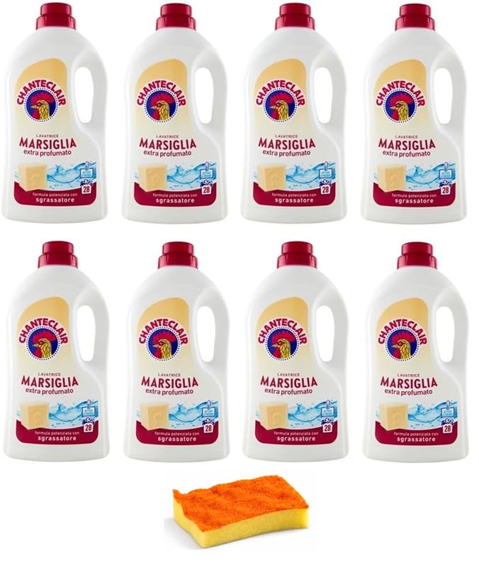 8 x Chanteclair Lavatrice Marsiglia Detersivo Liquido - Detersivo Liquido per lavatrice - Formula detergente con sgrassatore 28 lavaggi 1260 ml + spugna piatti KIT CREATO DA GALLIK