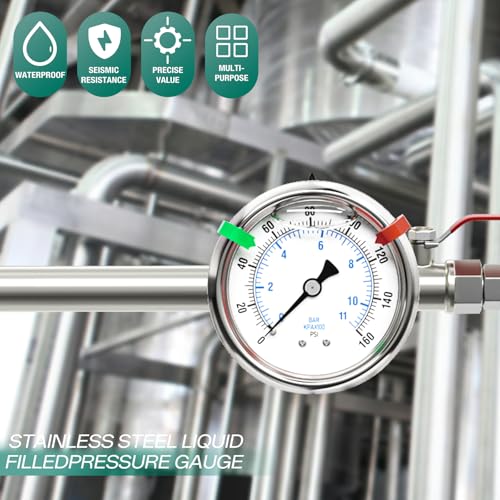 Image of 0-160PSI Stainless Steel Glycerin Liquid Filled Pressure Gauge 1 /4 inch NPT 2.5 inch Face Dial, Back Mount, for Water, Oil and Air Pressure Testing (with Range Mark Pointer)