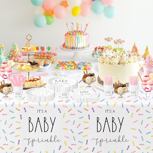 Image of Sprinkle Baby Shower Decorations Tablecloth for Boys Girls - 3 Pack Disposable Rainbow Confetti Theme It's A Baby Sprinkle Party Table Cover Supplies, 86in x 55in