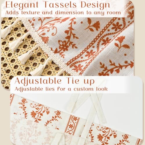 Image of Yinhua Boho Tie Up Curtains for Windows Vintage Linen Valance Light Filtering Floral Valance Rod Pocket Rustic Adjustable Tassel Window Valances for Bathroom, 42 inch W X 45 inch L, White Orange