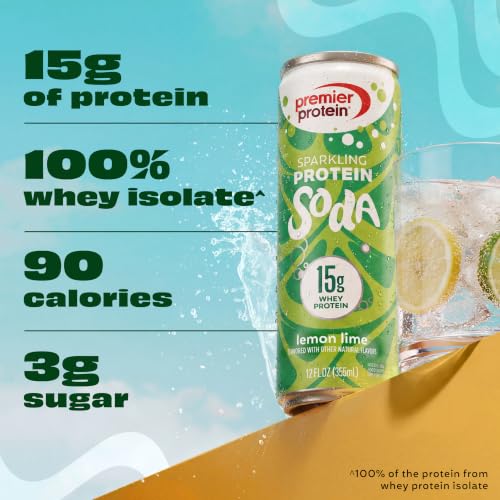Image of Premier Protein Sparkling Protein Soda, Lemon Lime, 15g Whey, 4 Pack | Soft Drink with Benefits, 5 Ingredients, No Artificial Colors or Flavors, 3g Sugar, 12 oz