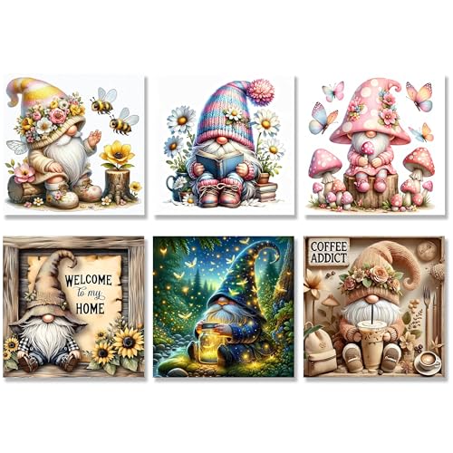 NEGEKFKX 6 Pack Gnome Diamond Art Kits for Adults Beginners Diamond Painting Kits for Adults 5D Full Drill DIY Diamond Dot Gem Art Kit Wall Home Decor Arts Craft 12x12 inch