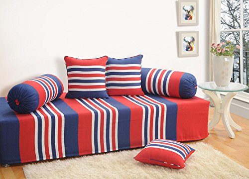 Image of Swayam 240TC Diwan Set 100% Cotton 6 Pcs | Deewan Striped Printed Bedsheet Set for Living Room Hall (1-Bed Sheet 60x90 Inch | 2-Bolster Cover 30x30 Inch | 3 Cushion Cover 16x16 Inch) - Red & Blue