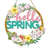 GMEMNOV Wooden Hello Spring Door Sign - Rustic Hollow Flower Spring Wreath for Front Door Farmhouse Home Wall Decor for Indoor Outdoor Spring Decorations Easter Supply