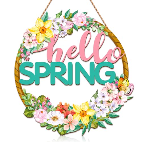 GMEMNOV Wooden Hello Spring Door Sign - Rustic Hollow Flower Spring Wreath for Front Door Farmhouse Home Wall Decor for Indoor Outdoor Spring Decorations Easter Supply