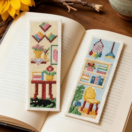 Image of INFUNLY 6PCS Sweet Home Cross Stitch Bookmarks Kit 3x8.5inch Cat Window Stamped Embroidery Bookmark Kit Life Scenarios Needlepoint Bookmark Set with Instruction for Book Lover Reader Writer