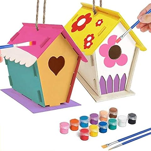 Yitokmc 2 Set Unfinished Wooden Birdhouses Kit for Children to Build and Paint Bird House Kids DIY Arts Crafts Kits Bird Feeder Kit for Girls Boys Toddlers Cover