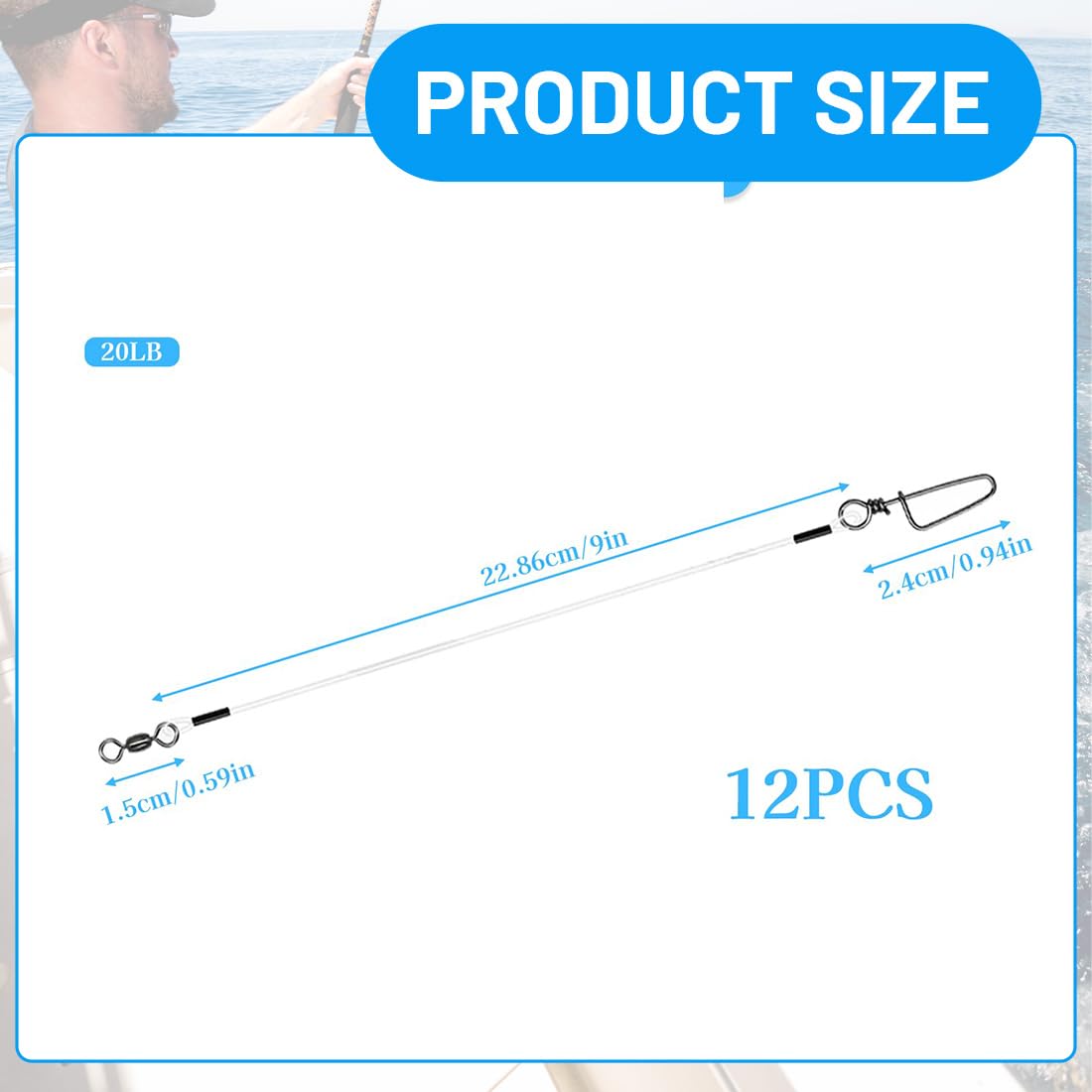 12 Piezas Líder de pesca de fluorocarbono, Línea de Líder de Fluorocarbono con Eslabón Giratorio Y Broche, Accesorios de Pesca, Línea de Líder para Pesca de Spinning