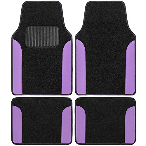 BDK Two-Tone Carpet Car Floor Mats with Faux Leather Accents, Automotive Floor Mat Set with Built-in Heel Pad, Stylish Interior Car Accessories (Purple)