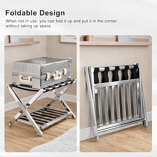 Image of Stainless Steel Folding Luggage Rack for Guest Room Foldable luggage Racks for Suitcase Stand with Nylon Straps, Luggage Stand Double Tiers SS Luggage Holder with Shelf for Bedroom, Hotel, No Assembly Required (Stainless Steel Luggage Rack 2 piece)