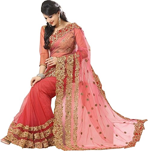amazon red net saree