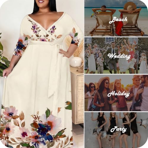 Image of Nmoder Plus Size Maxi Dress for Women - Summer Casual 3 /4 Sleeve Floral Flowy Long Dress with Belt XL- 6XL