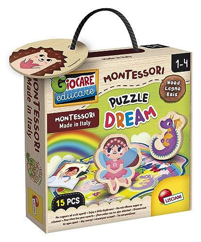 Lisciani - MONTESSORI WOOD Puzzle Dream - 15 Piezas - Para Niños desde 1 Año - 1 Rompecabezas Mágico con 6 Personajes de Madera - Estimula la Lógica, la Motricidad y la Memoria - Fabricado en Italia