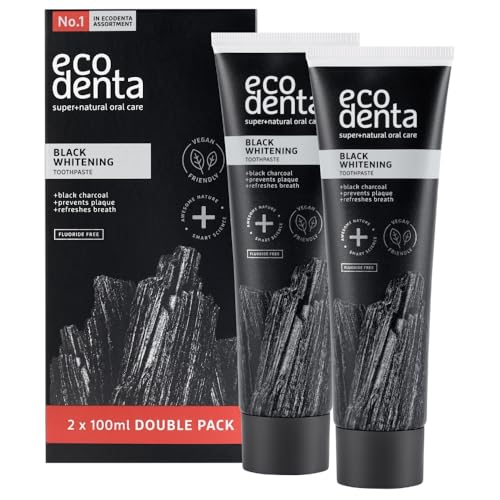 Ecodenta Charcoal Toothpaste Teeth Whitening Toothpaste I Naturally Whitens Teeth and Removes Plaque I Black Natural Toothpaste Fluoride Free Set 2x100ml