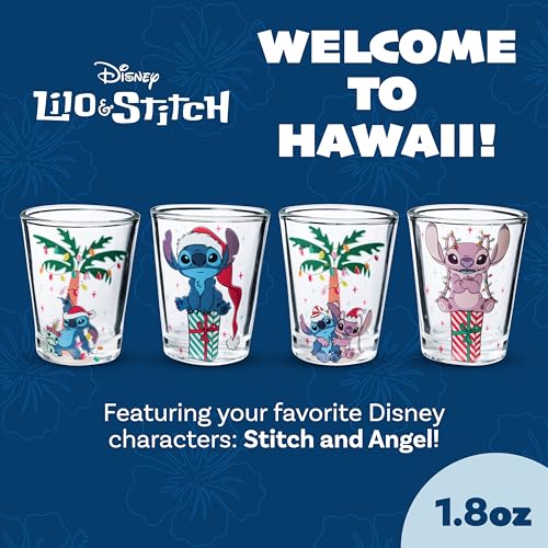 Image of Silver Buffalo Lilo and Stitch Xmas Stitch and Friends Palm Gift Set 4pc. 1.5oz. Mini Glass Set 2x2