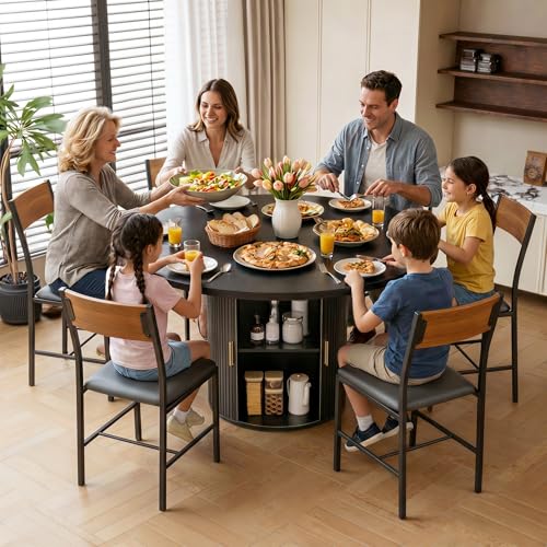 Pamapic Dining Table Set for 6, 47" Round Dining Table with Chairs, Storage Shelf, Space-Saving Tambour Design, Gold Handles, Wood Grain, Kitchen Table and Chairs for Dining Room & Living Room, Black