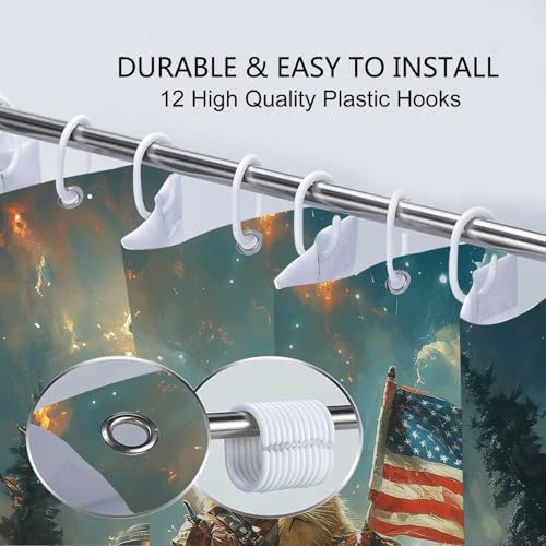 Image of Funny Bear Shower Curtain for Boys Kids, Cool Cat Riding Bear on Rustic Cabin Forest Woodland Hilarious Shower Curtains, Funky Anime UFO Spaceship Animal Bath Curtain Fabric 12PCS Hooks, 70X75IN