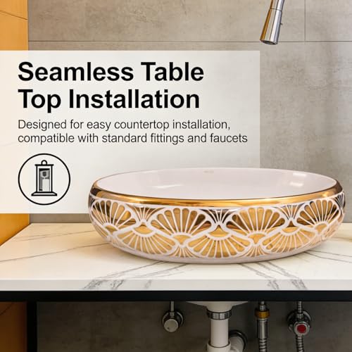 Image of Wallace Luxury Oval Table Top Wash Basin 60x40x15 cm | Premium Ceramic Countertop Vessel Sink with Gold Interior & Art Deco Pattern | Over Counter Designer Bathroom Basin