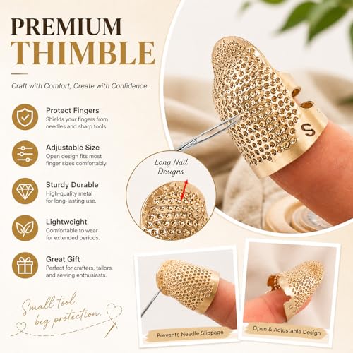 Image of Thimbles for Hand Sewing, Sewing Thimble Kit, Metal Finger Protectors, Thimble Ring for Hand Quilting and Embroidery(Gold,1Pcs,Small)