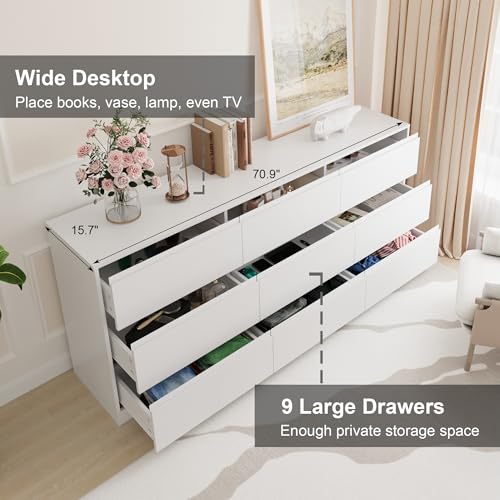 Image of Bobve 70.9 inch Dresser for Bedroom with 9 Drawers, Large Modern Chest of Drawers with Deep Drawers, Wide Double Dresser Handle Free, Storage Organizer for Bedroom, Living Room, Hallway (White)