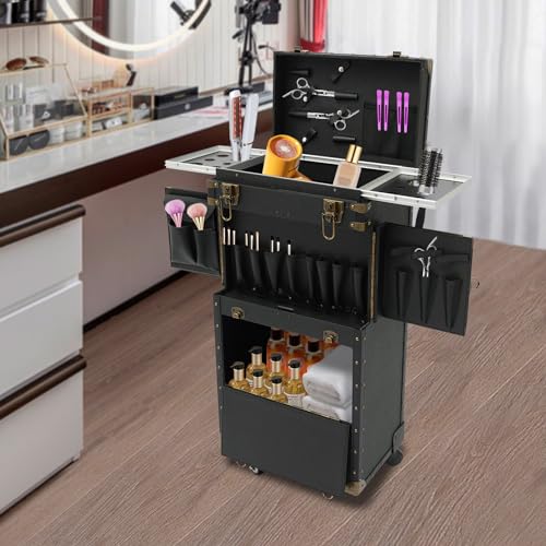 Image of Professional Hairdressing Case, Rolling Hairdressing Tool Box, Multi-functional Cosmetic Trolley with Combination Locks and Keys, Makeup Train Case for Salon Makeup Beauty (Black)