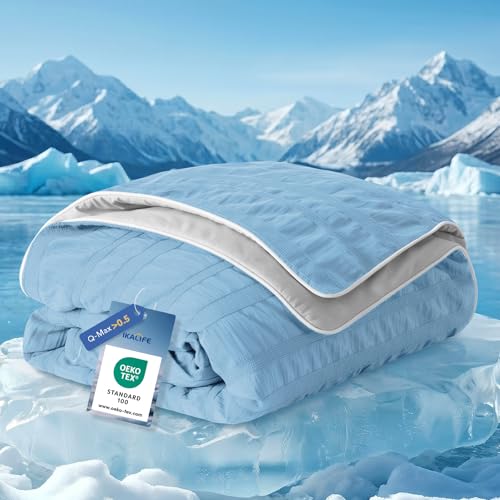 IKALIFE Seersucker Cooling Blanket, Q-Max>0.5 Soft Lightweight Cool Blanket for Hot Sleepers, Double-Sided Design Summer Breathable Cooling Comforter, Cool Comforter for Sleeping, 150x200cm, Blue
