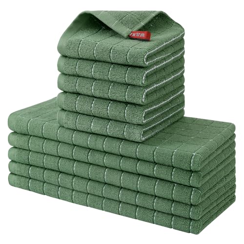 Homaxy Cotton Terry Kitchen Towels and Dishcloths Set of 10, Grass Green