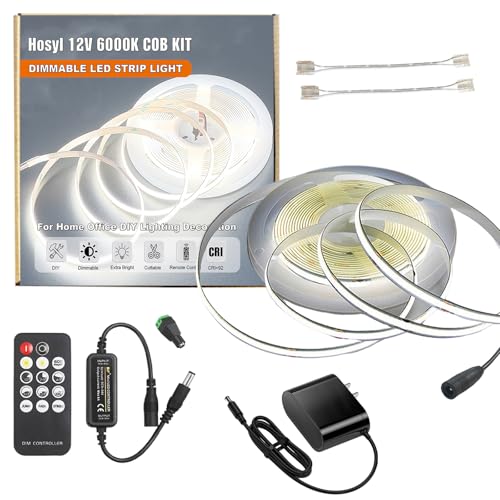 Image of Dimmable White COB LED Strip Light Kit with RF Remote & UL-Certified 12v Power Supply,CRI93+Flexible Cuttable Bright Cob Light Strip for Under Cabinet,Bedroom,Office Decor DIY Projects