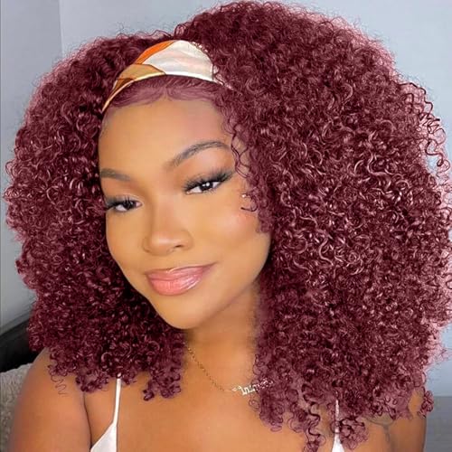Image of XSY Headband Wig Human Hair Kinky Curly 99J Burgundy 12 Inch Headband Wigs for Black Women Deep Curly Human Hair Wigs None Lace Front Wig 150% Density