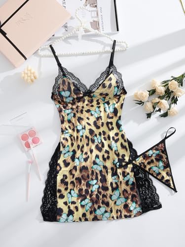 Image of Foxiny Sexy Split Side Floral Lace Trim Full Slip Night Gown Babydoll Lingerie Dress with Thong 2 piece