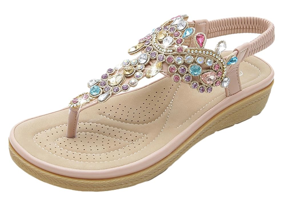 Rungion Women's Fashion Flat Sandals Rhinestone Dressy Slippers Ankle Strap Elastic Non-Slip Bohemia Beach Shose Slides