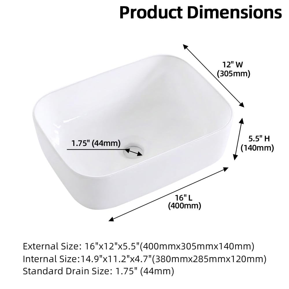 Fregadero de cerámica blanca de 16 x 12 x 5.5 pulgadas, cuenco para lavabo de baño, diseño curvado suave, duradero y fácil de instalar y limpiar