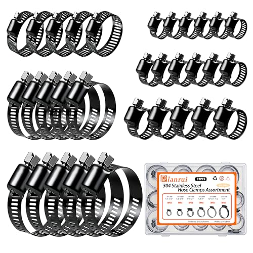 Dianrui 32 PCS Black Hose Clamps Assortment Kit 1/4'–2' (6-51mm) Hose Clamps Stainless Steel 304 Worm Gear Fuel Line Hose Clamp for pipe, Fuel Line, Plumbing, Intercooler, Tube, Automotive and Marine