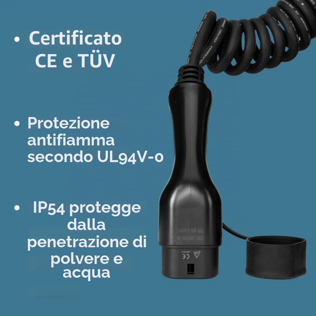Cavo di Ricarica Tipo 2 per Auto elettriche, 16 A, 3 Fasi, 3 m a Spirale – Soluzione di Ricarica VE Durevole e Flessibile