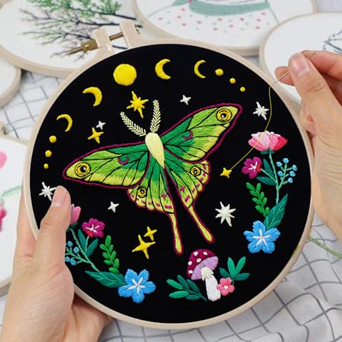 Image of Nuberlic Moth Embroidery Kits for Beginners - Embroidery Starter Cross Stitch Kit DIY Needlepoint Including Cloth with Pattern, Hoop, Needles Instruction and Threads