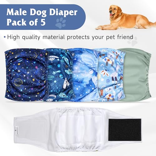 Image of 5 Pack Dog Diapers Male, High Absorbing Dog Wraps, Belly Bands for Male Dogs with Incontinence or Frequent Urination, Washable Doggie Diapers Star L