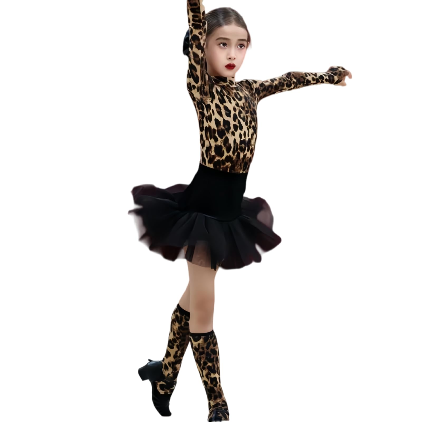 Completo Danza Latina Due Pezzi per Ragazze, Abito Danza Latina Collo Alto | Top Da Danza A Maniche Lunghe Con Stampa Leopardo Gonna Volant Scaldamuscoli Abbinati Per Cha Cha Samba Rumba Tango